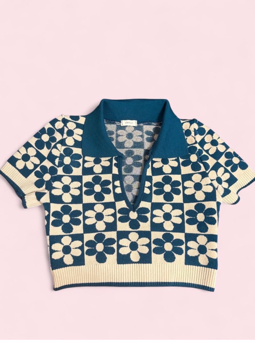 Debut Floral Checker Knit Polo Crop Top in Blue & Cream